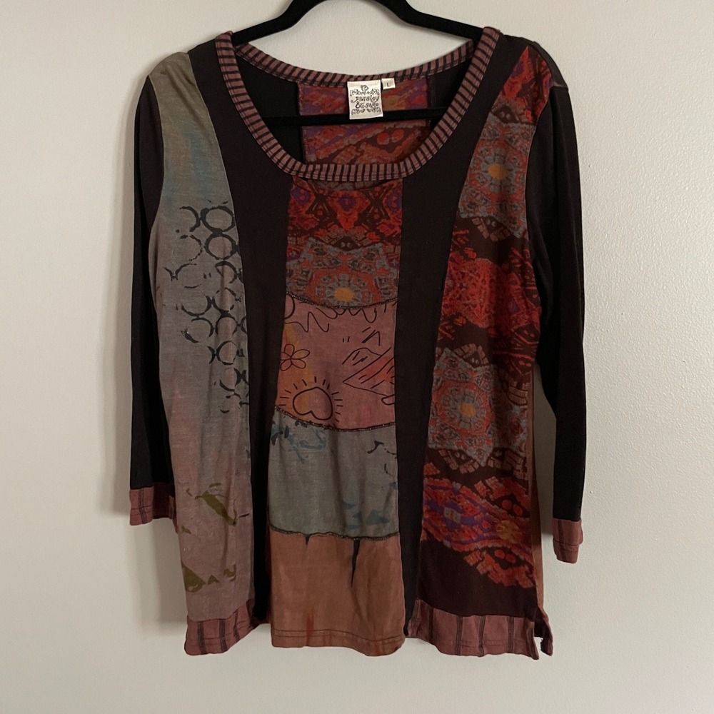 Parsley & Sage Patchwork Top Womens Large Multicolor Mixed Media‎ Boho Tunic
